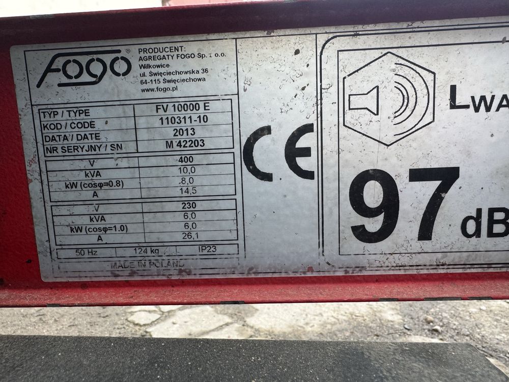 Agregat prądotwórczy Fogo FV10000E Honda gx620 rok2013 stan bdb