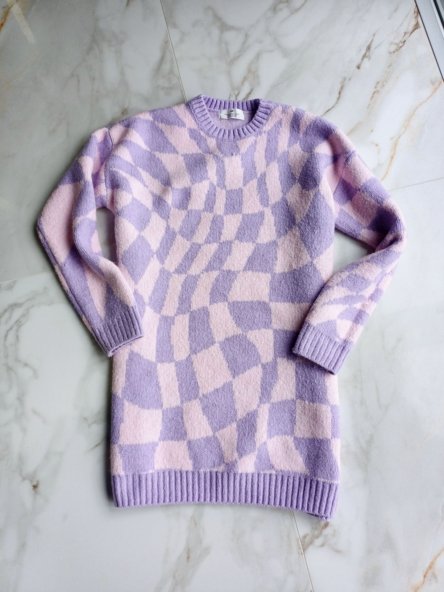 H&M sweter sukienka fioletowa pudrowa dzianinowa wełna sweterkowa S 36