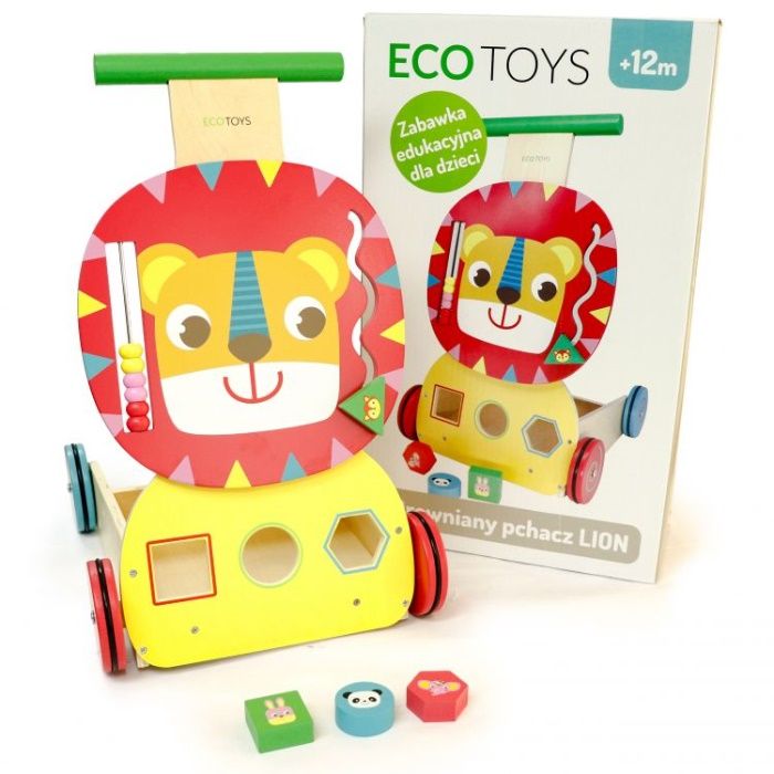 Drewniany pchacz wózek edukacyjny sorter + klocki Ecotoys 12m+