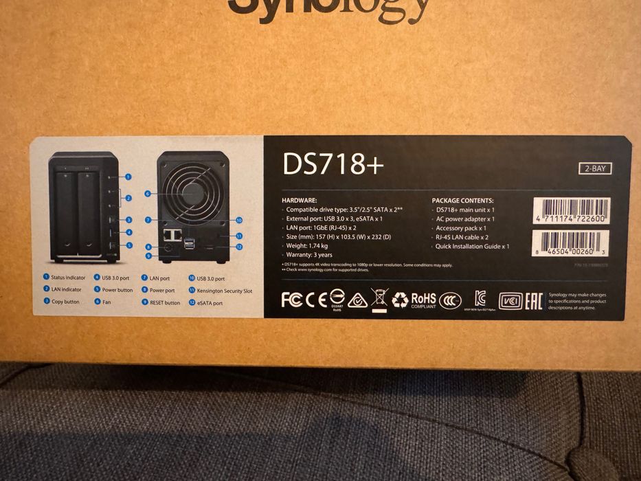 Synology DS718+ (2 x 4TB HDD + 8GB RAM)