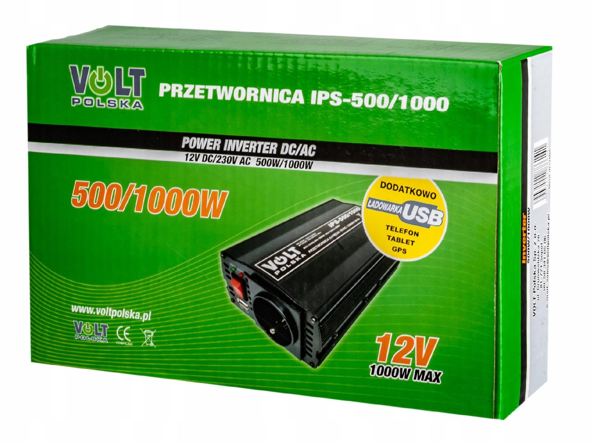 Przetwornica 12V 230V samochodowa napięcia 500W/1000W IPS (PRZ28)