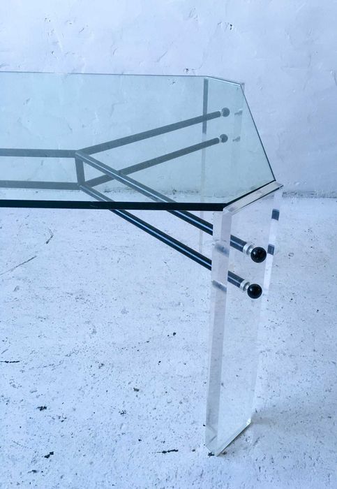 Stół geometryczny jadalniany akryl szkło lata 80 vintage design