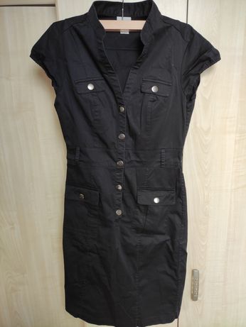 Sukienka koszulowa czarna krótki rękaw S H&M z pasem