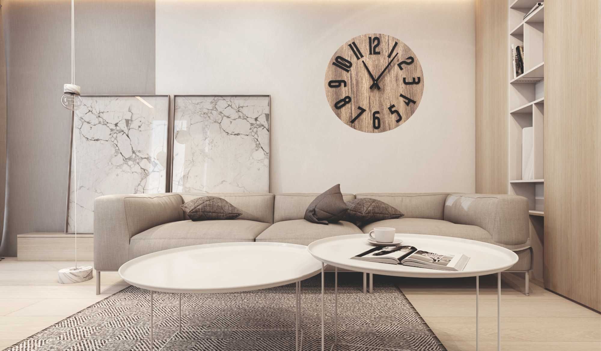 Duży Zegar Ścienny Loft 50cm drewniany do salonu cichy dębowy