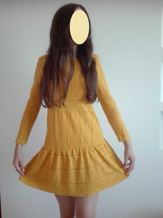 piękna musztardowa sukienka z koronki H&M, 34