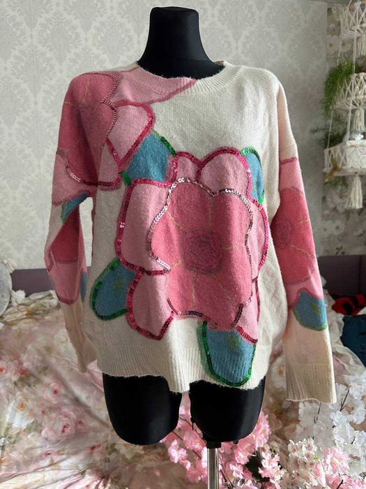 sweter róże cekiny vintage retro kwiaty anime wygodny ciepły