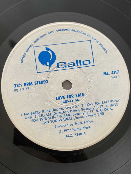 Disco de vinil: Boney M - Love for Sale, editado em 1977