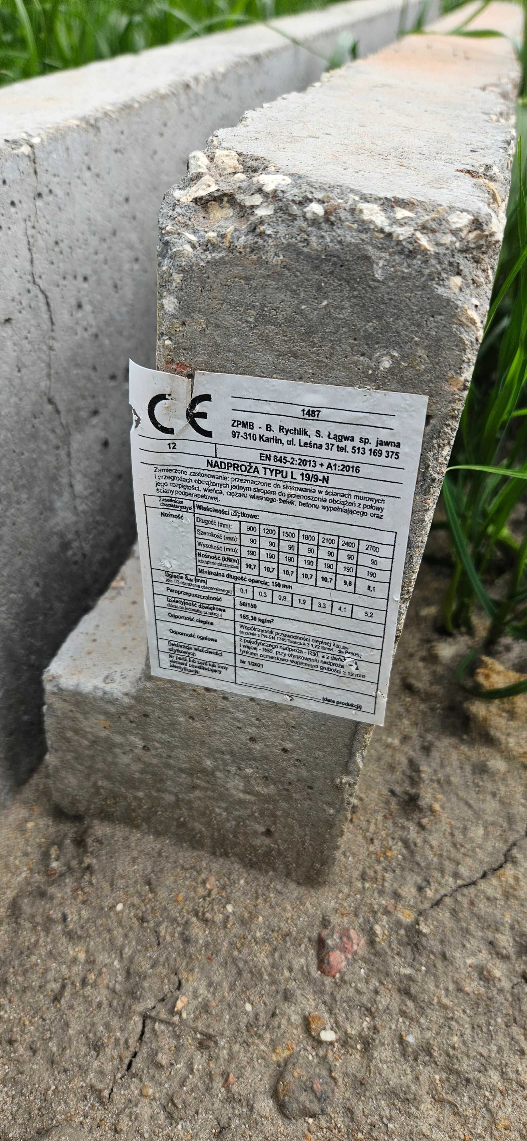 Nadproże prefabrykowane typu L 19/9 - 120/180