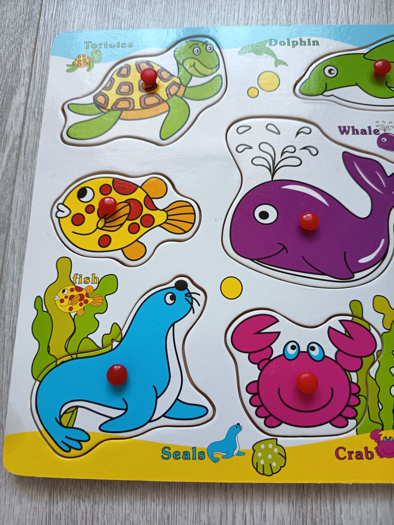 Układanka drewniana z pinezkami/ zwierzęta wodne,angielskie nazwy