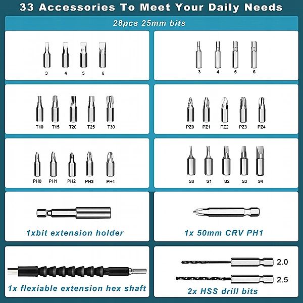 Wkrętarka Akumulatorowa 4 V, Wkrętak Elektryczny I Ręczny Z 30 Końcówk