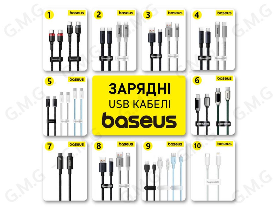 Кабелі BASEUS USB-C/USB-A/Lightning, 240W/100W/20W, 1м/1.2м/1.5м/2м/3м
