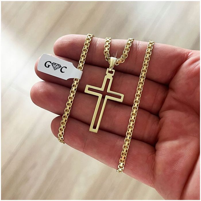 Srebrny Pozłacany Łańcuszek Męski Bismark+krzyżyk, Pamiątka Komunii, C