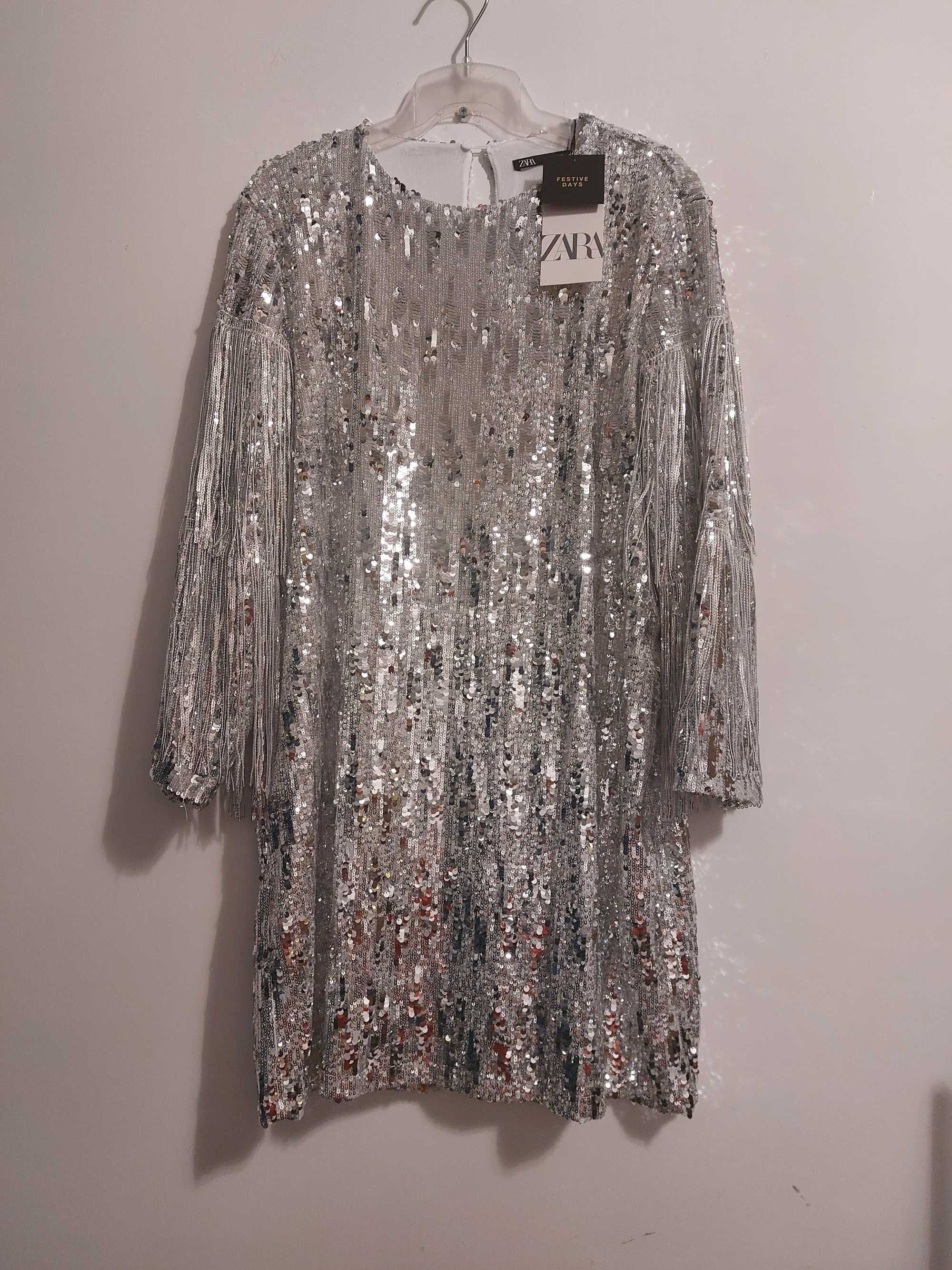 Nowa cekinowa srebrna sukienka Zara w rozmiarze XXL