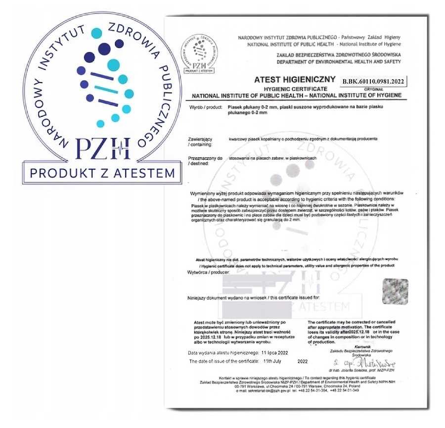 Piasek do piaskownicy – worek 20kg, Atest PZH