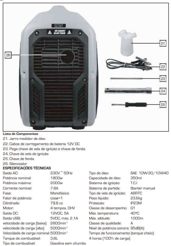 Gerador Energia Inverter NUTOOL NG2400IN 2000W 230V Silenc. JL20