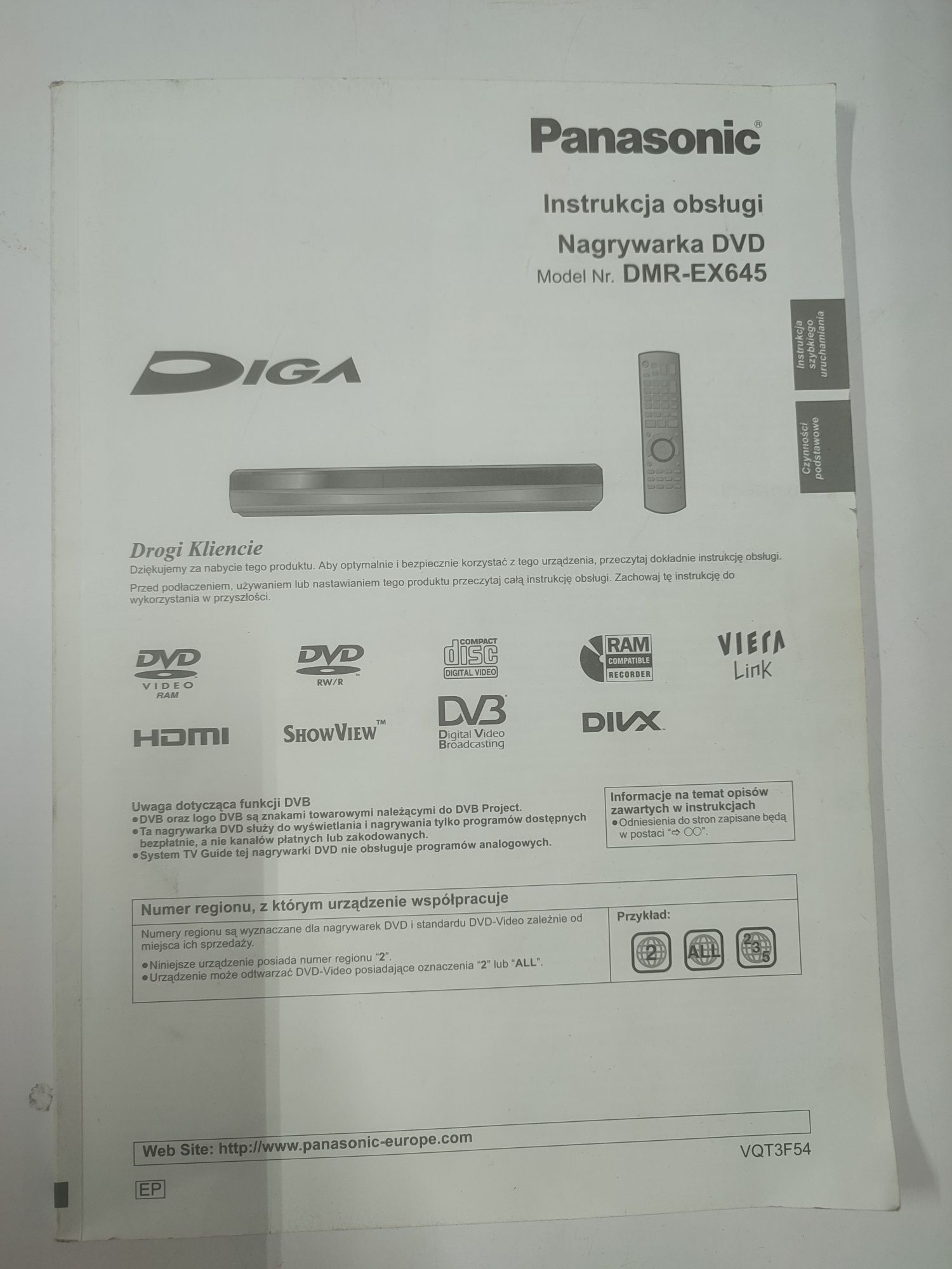 DMR-EX645 to nagrywarka DVD marki Panasonic z instrukcją po polsku
