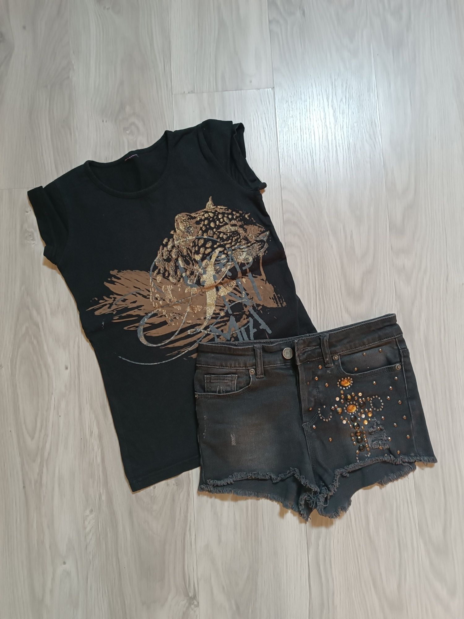 Szorty+t-shirt zestaw damski spodenki jeansowe XS-S krótkie dżinsy