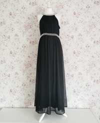 Czarna suknia, sukienka maxi na wesele, dekolt na plecach, perełki, m