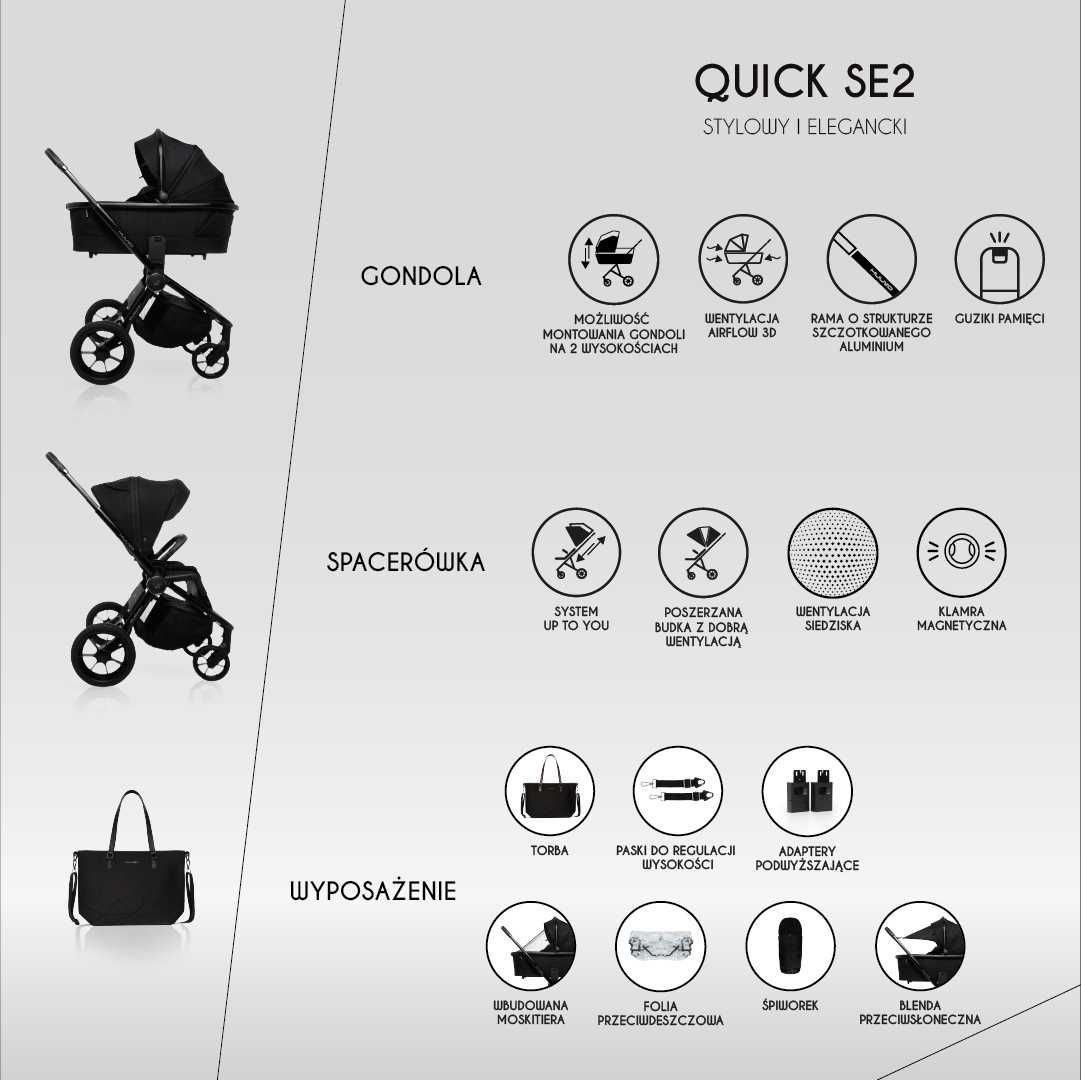 Wózek Muuvo Quick SE2 2w1 Lekki Składany Gondola+Spacerówka +Adaptery