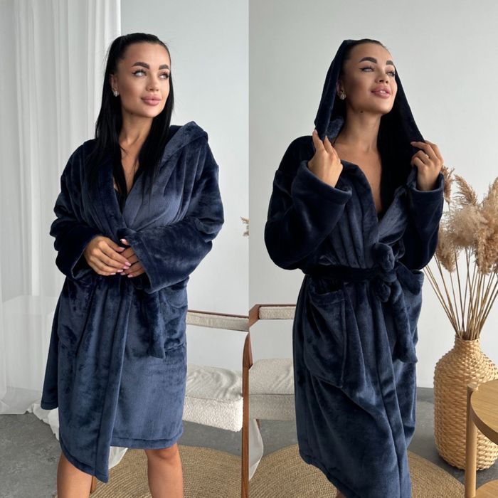 Женский махровый халат Теплый зимний с капюшоном/поясом 42-52 фреза