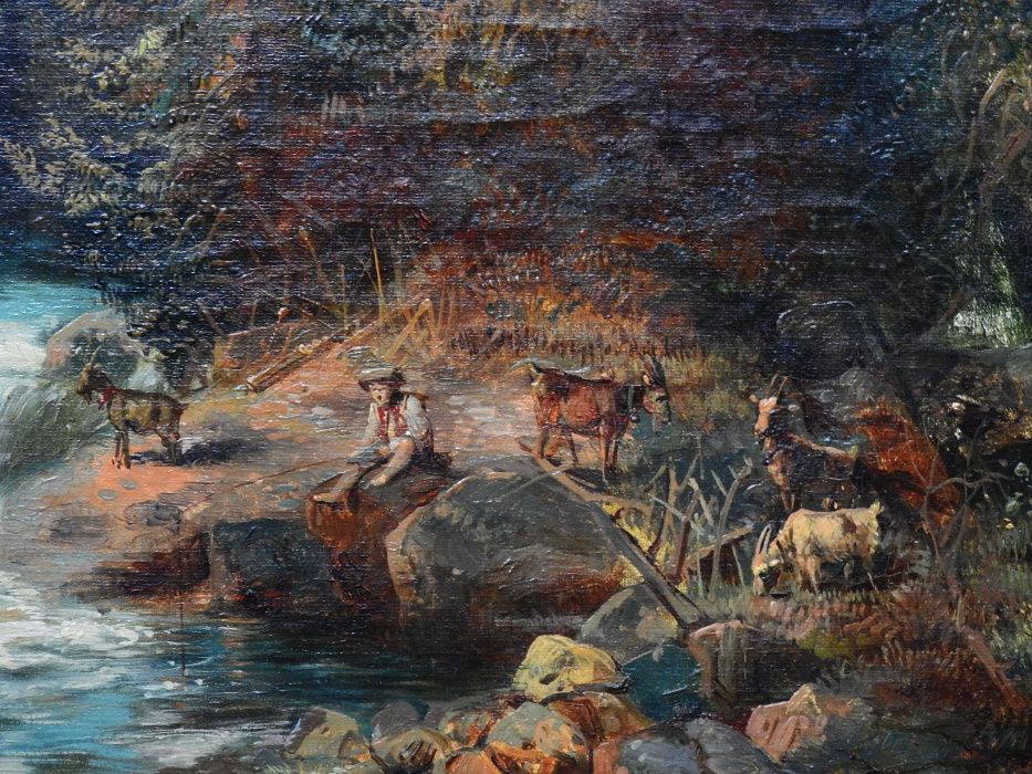 Aнтикварная коллекционная картина живопись масло XIXв Альпы 85 x 106см