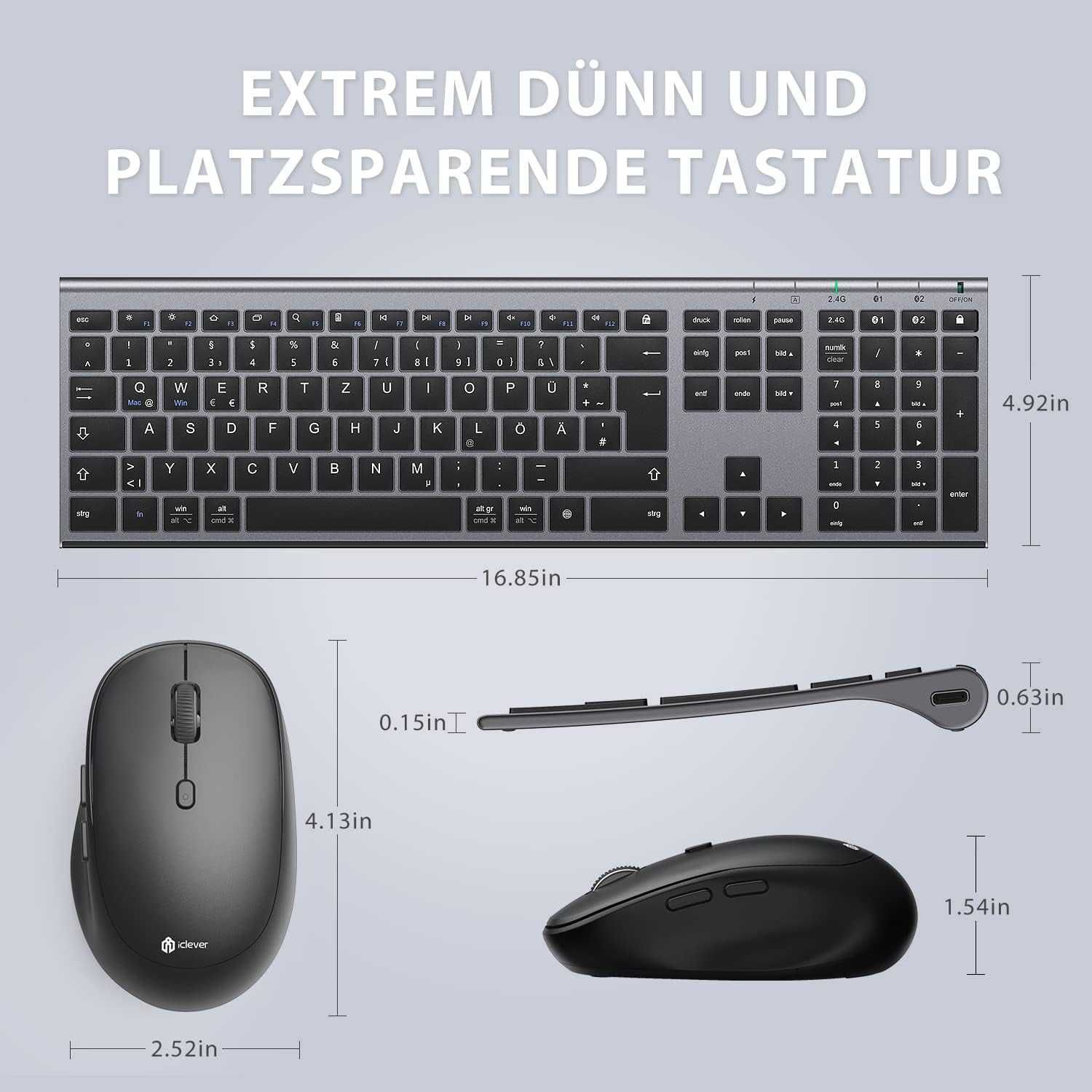 Klawiatura i Mysz bezprzewodowe, podwójny tryb (Bluetooth 4.2 + 2.4G)