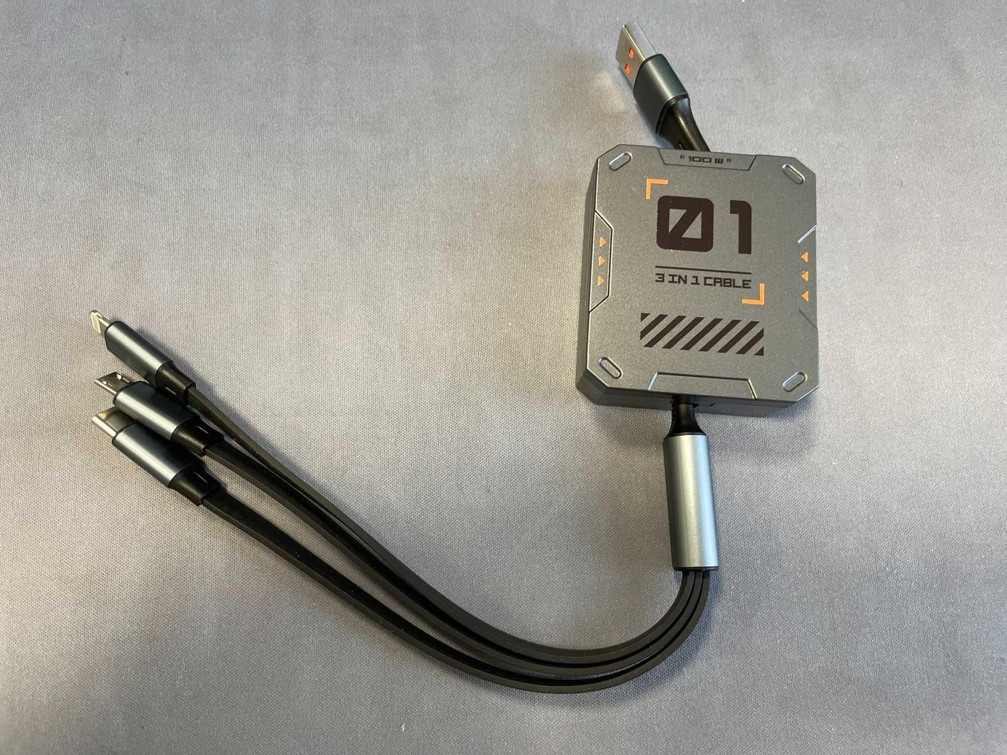 Kabel USB 3 w 1 USB-C, Lightning, USB micro .Chowany. NOWY