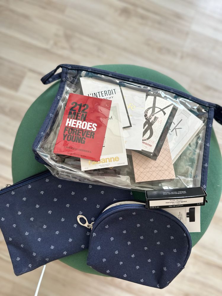 Zestaw trzech nowych kosmetyczek i zestaw perfum gratis