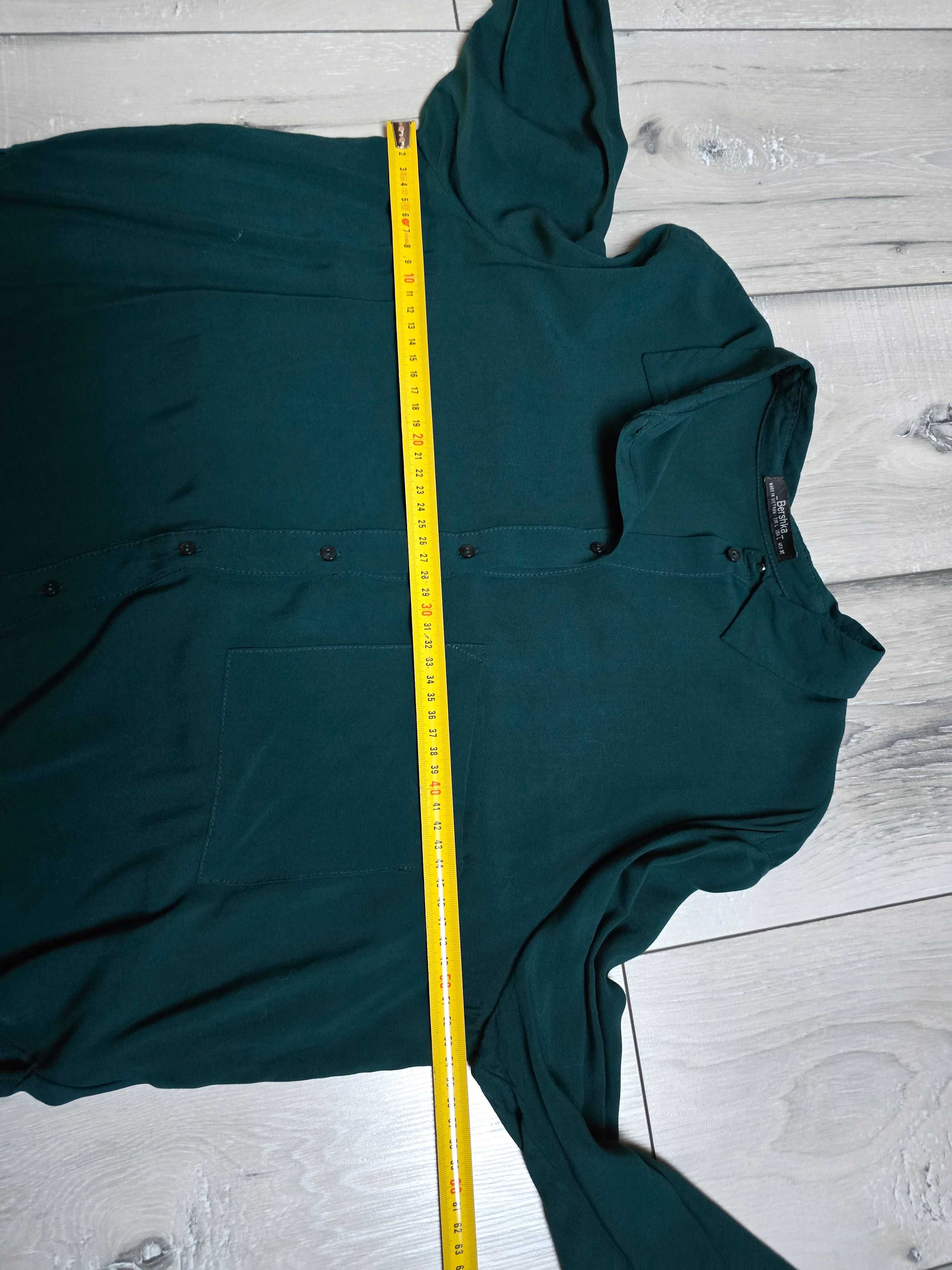 Bershka Koszula z długim rękawem rozmiar L butelkowa zieleń zwiewna