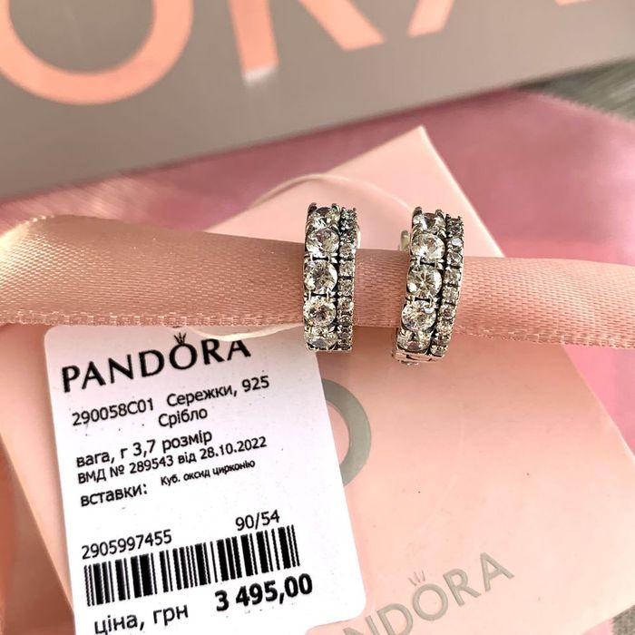 Сережки Pandora Пандора/ Серьги Pandora оригінал/ нові срібло кільця