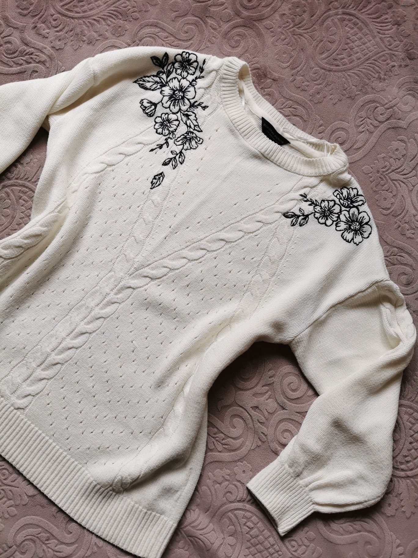 Dorothy Perkins sweter kremowy beżowy aplikacja kwiaty czarna 44 46