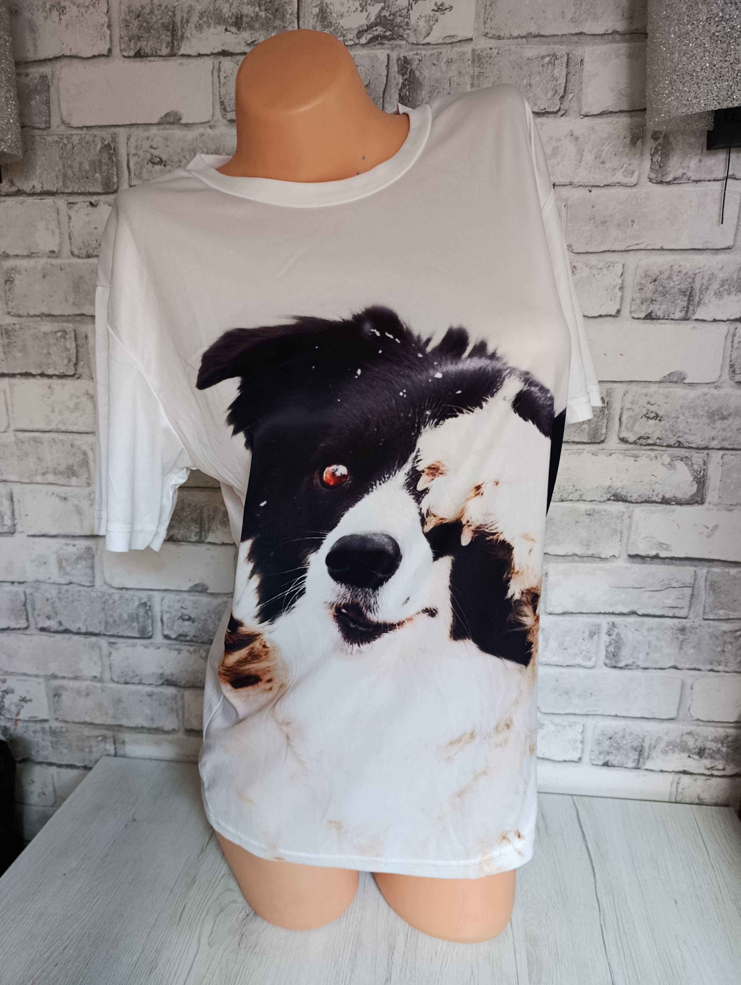 M t-shirt biały koszulka krótki rękaw bluzka BC Border Collie z psem