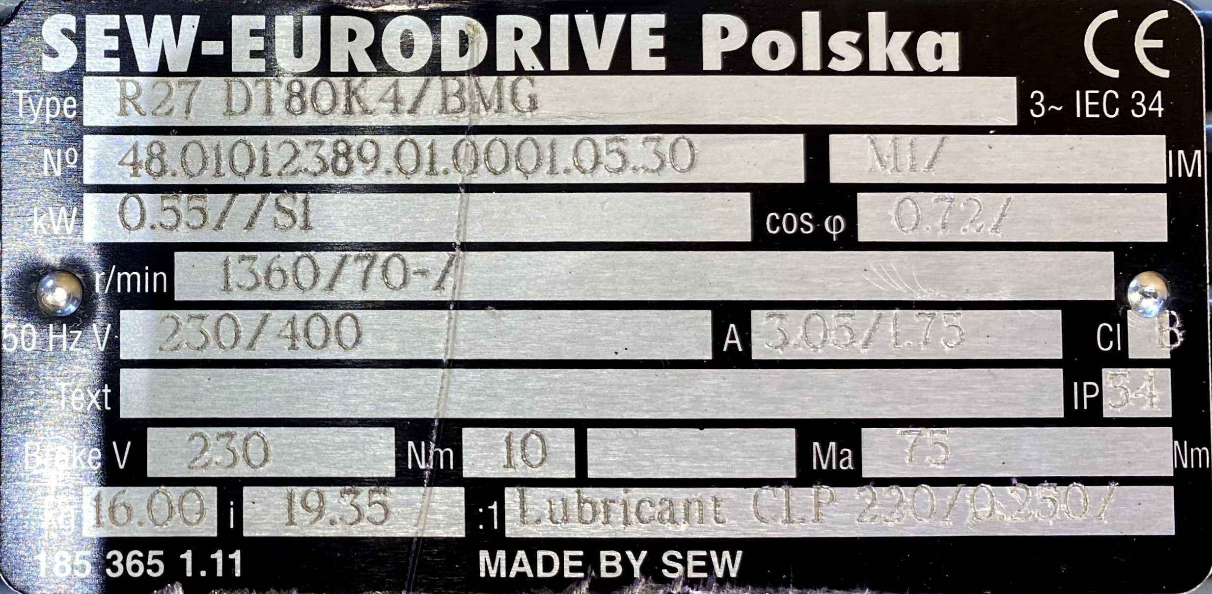motoreduktor / przekładnia 0,55kW 70obr. 3fazowy HAMULEC SEW