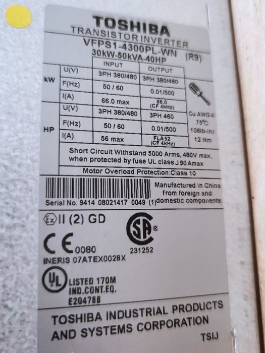 Falownik TOSHIBA VF-PS1 30kW VFPS1-4300PL-WN 66A