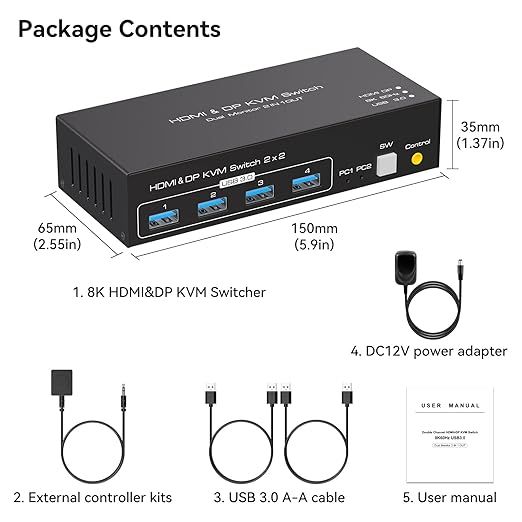 Przełącznik KVM VPFET HDMI/DisplayPort 2 Monitory 4K120Hz