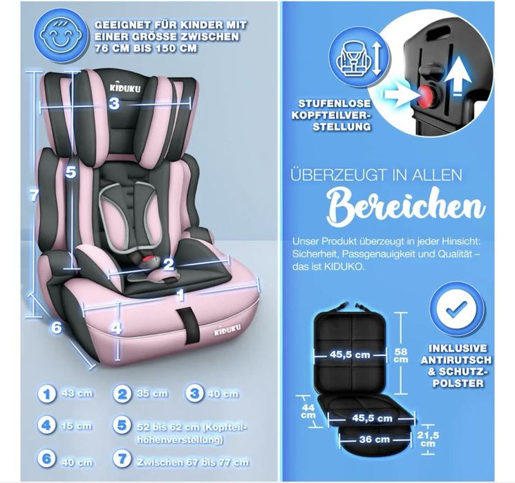Fotelik samochodowy KIDUKU 9-36 kg, nowy, regulowany, szaro rozowy