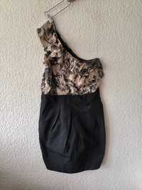 Next jedwabna sukienka na jedno ramię w kwiaty czarno-beżowa 36 S