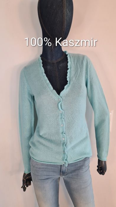 Sweterek Kardigan 100% Kaszmir Cashmere. Turkusowy baby blue. M 38