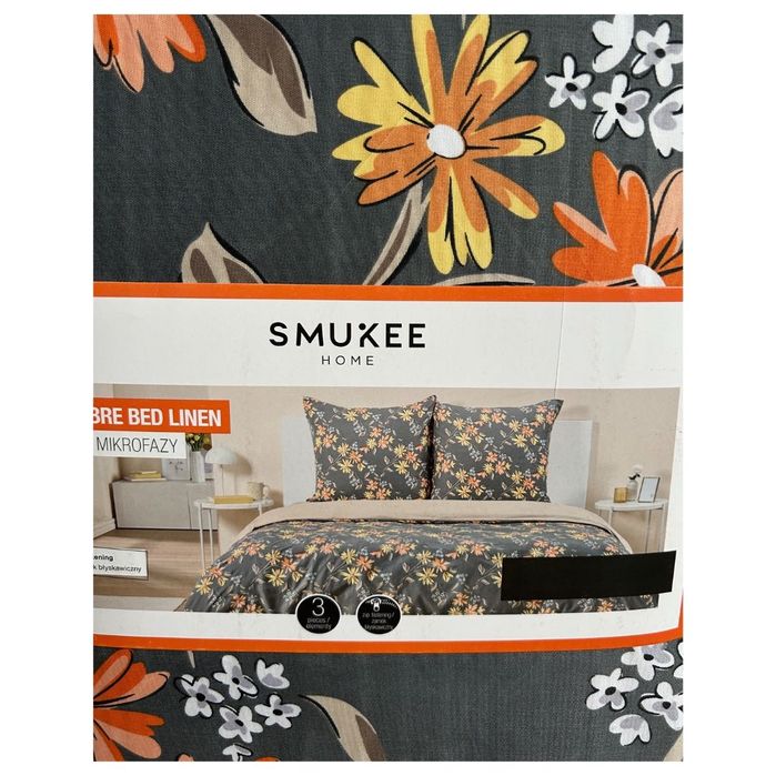 Pościel z mikrofazy Smukee 160x200 szara pomarańczowe kwiaty