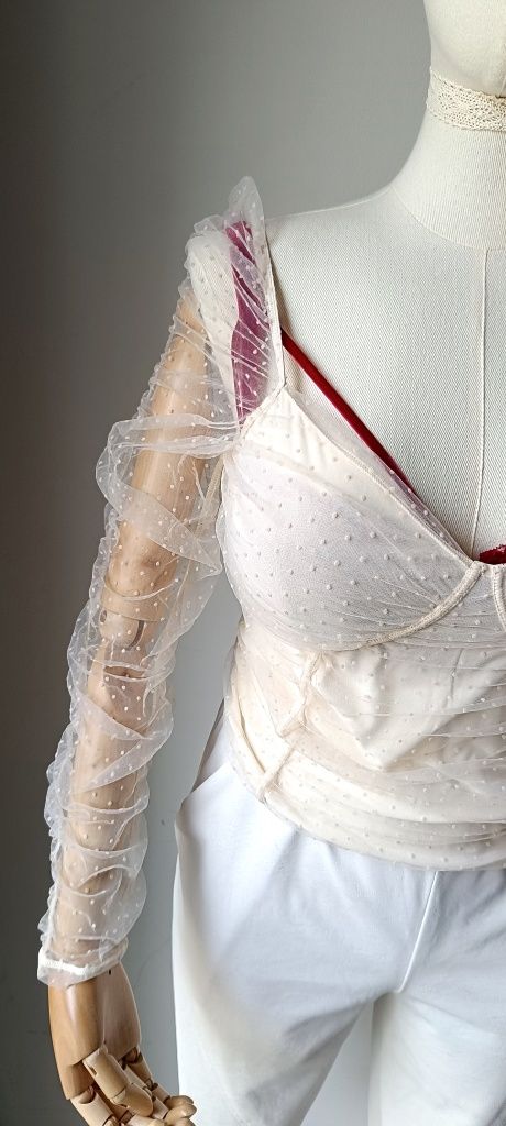 H&M bluzka biust 44,5-51x2 lolita kokietka baby doll tiul kropki krem