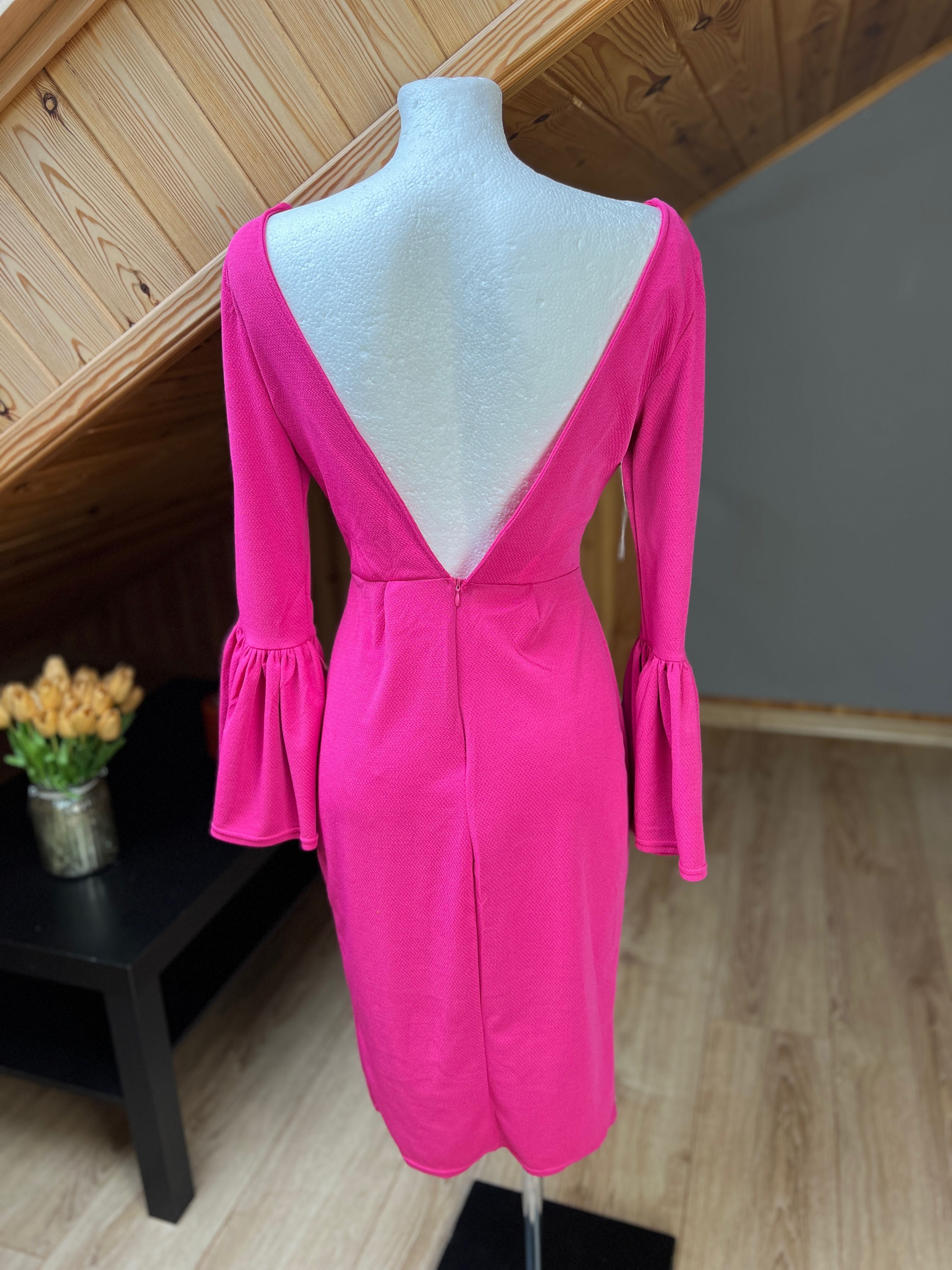 Sukienka midi różowa rękawy rozkloszowane plecy M