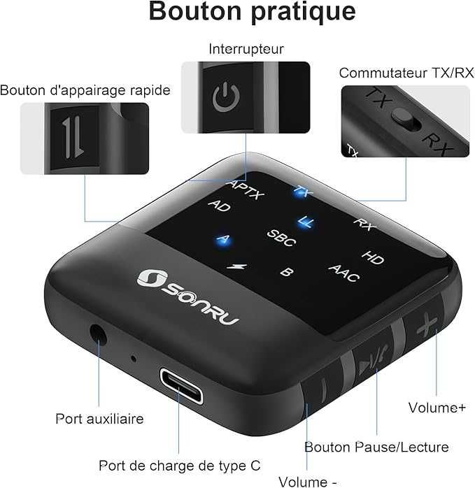SONRU Bezprzewodowy odbiornik audio Bluetooth 2 w 1, adapter Bluetooth