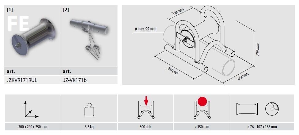 Rolka kablowa VOLTA, stalowa, prosta, łożyskowalna, galwanizowana