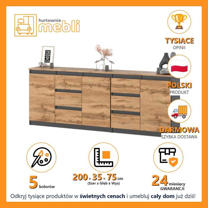 Komoda Duża Nowoczesna Best Agnes Plus 200cm Szafka 6 Szuflad Pojemna