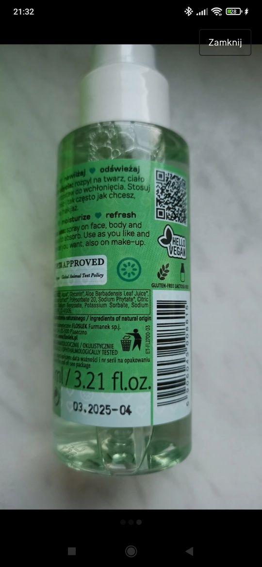 łagodząca mgiełka mistlove ogórek aloes vegan