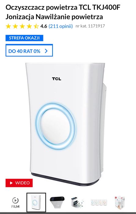 Oczyszczacz powietrza TCL TKJ400F Jonizacja Nawilżanie powietrza