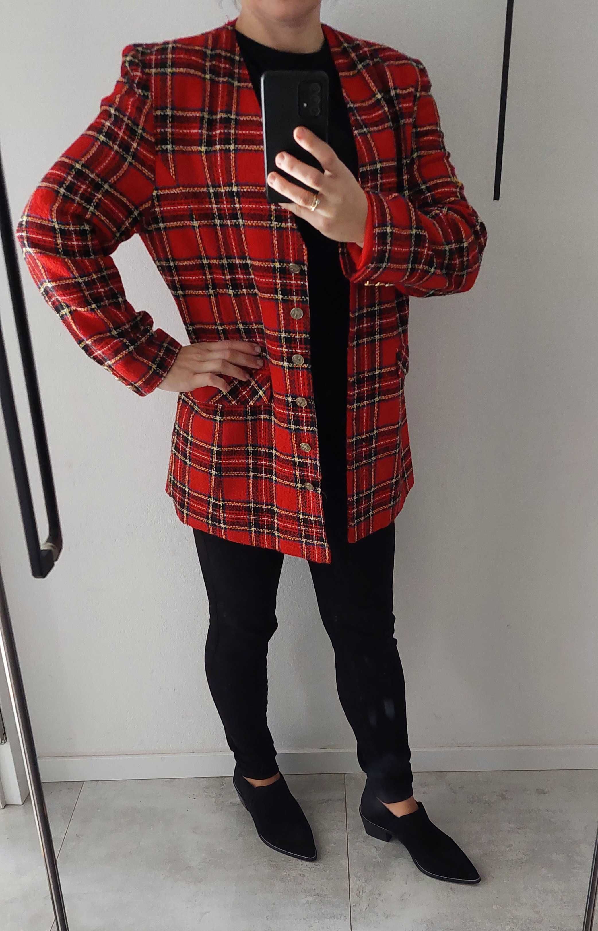 Marynarka czerwona w krate 38 elegancka modna styl