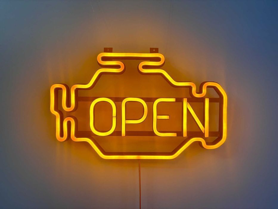 Неонова вивіска "Чек Check engine Open" жовта, 400*240 мм
