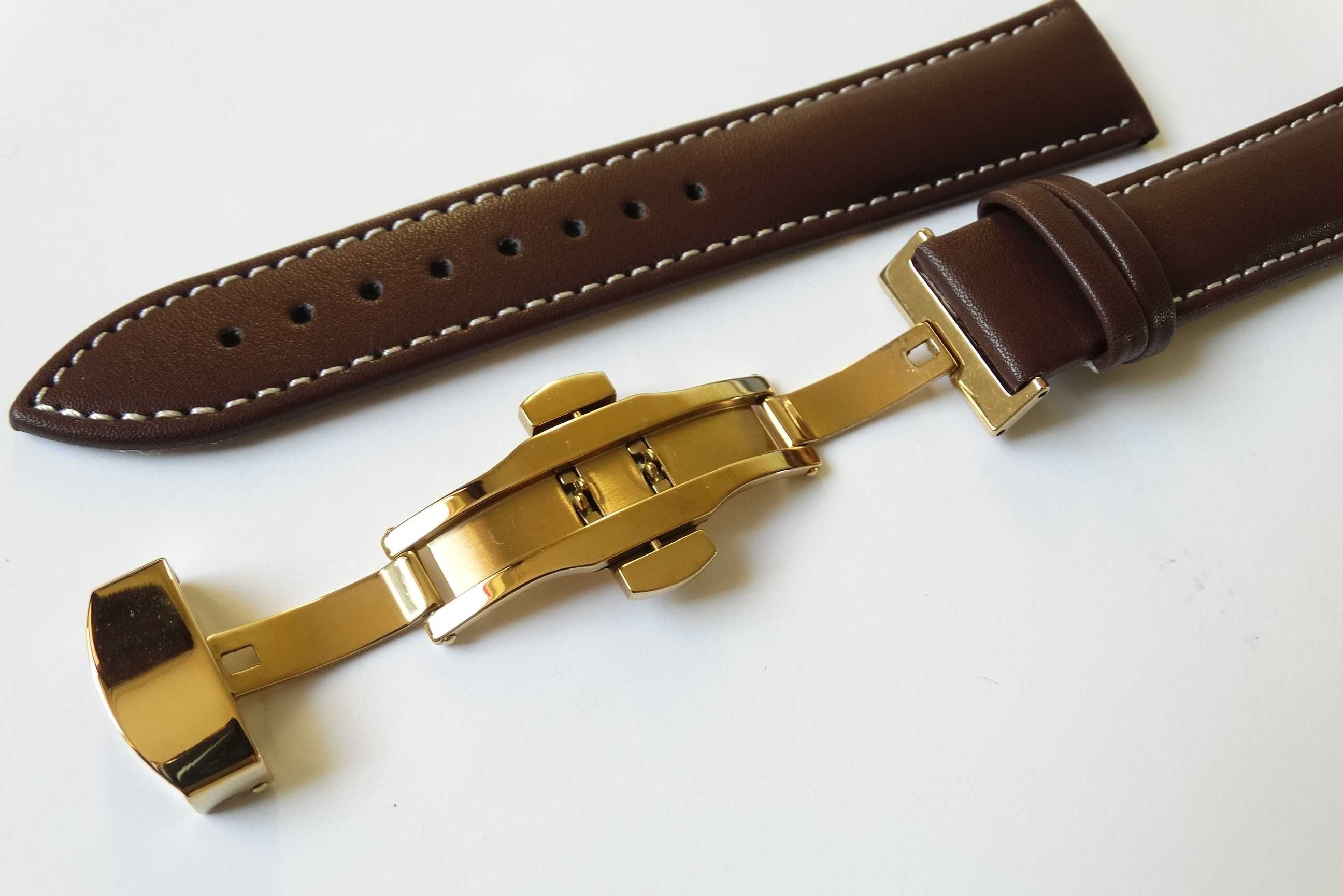 Pasek skórzany gładki 22mm brązowy do zegarka klamra motylkowa złota