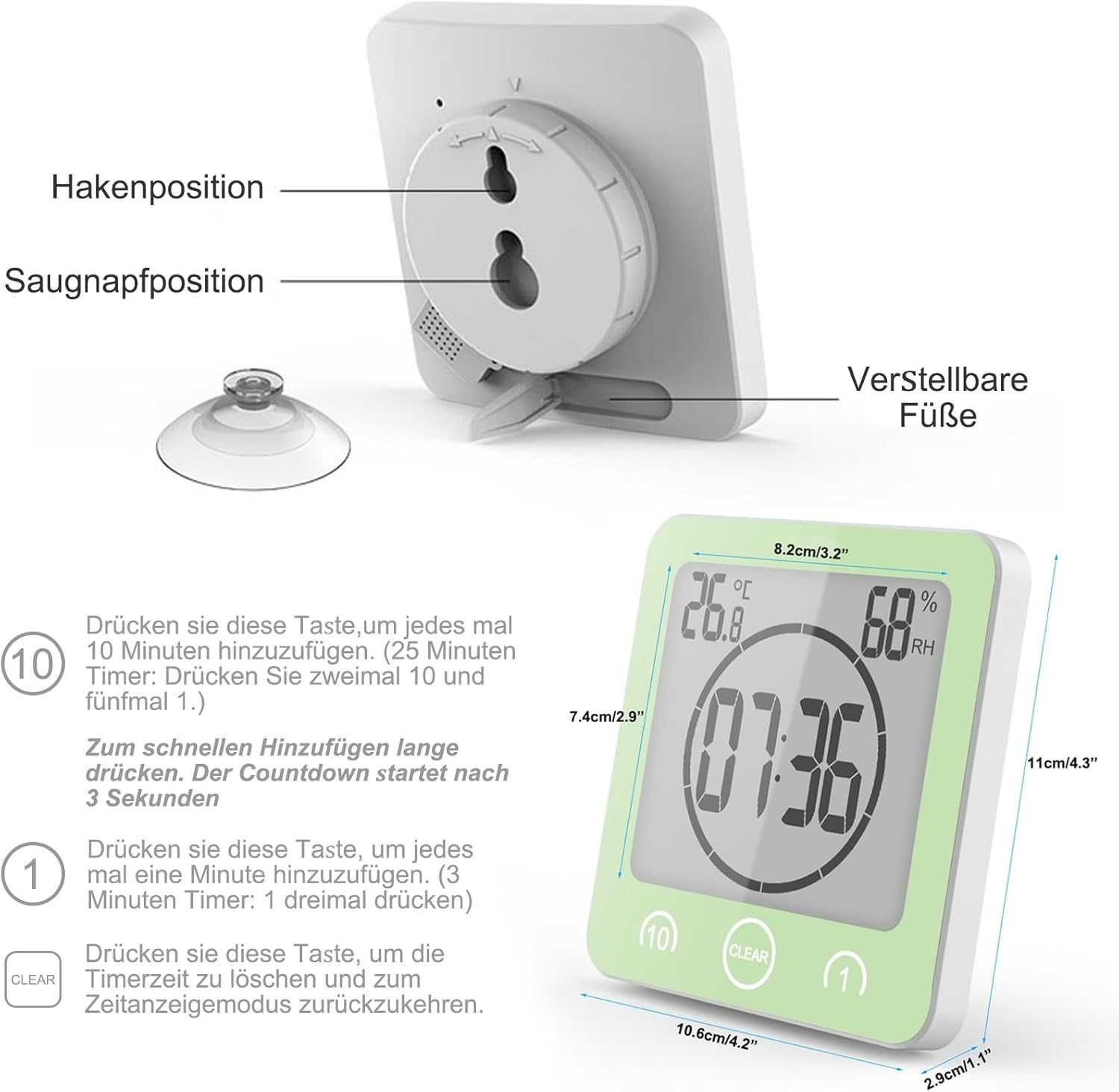 VORRINC Zegar łazienkowy LCD, wilgotność powietrza, temperatura, timer